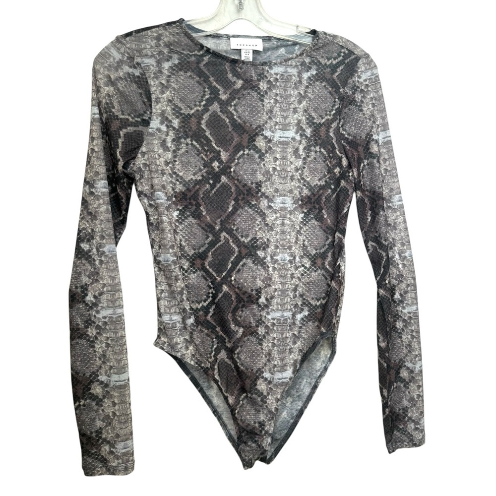Topshop Animal Sheer Snake Print Bodysuit Long Sleeve Lightweight Stretch Crew 8